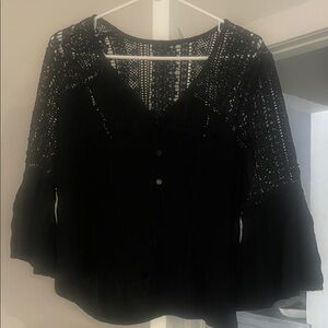 Chic Black Lace Women's Blouse Y2K bell sleeves